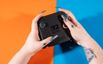 Una foto de los controladores Joy-Con Nintendo 2 en su puñado de controlador.