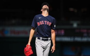 Washington, DC - 17 de agosto: Chris Sale # 41 de los Medias Rojas de Boston reacciona contra los Nacionales de Washington durante la primera ronda en el Nationals Park el 17 de agosto de 2023 en Washington, DC. (Foto de Scott Tetsch / Getty Images)