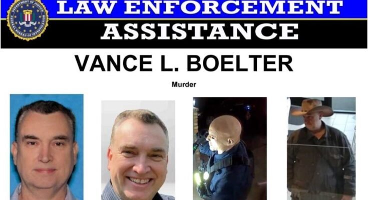 Vance Luther Boelter, de 57 años, es el sospechoso de apuntar a tiroteos políticos en Minnesota, que ha convertido a un legislador demócrata muerto. Una caza de hombre nacional está en marcha para Boelter, quien, según las autoridades, fue vista por última vez en una cámara en la ciudad de Minneapolis. Boelter se presenta aquí en fotografías compiladas por el FBI para un póster deseado.