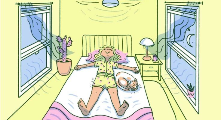 Ilustración que muestra a una persona en una cama con un conjunto corto de pijamas de fresas con los brazos y las piernas distribuidas. Un gato está acurrucado junto a ellos. Hay una ventana a cada lado de la cama, y ​​los dos están abiertos con líneas que muestran un flujo de aire cuando las cortinas soplan en la brisa. Un ventilador corre arriba, con marcas de movimiento que indican su turno. Dos plantas de maceta decoran la habitación. La imagen muestra formas de reducir el consumo de energía en su hogar.