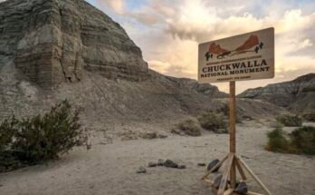 Se establece una señal antes de la visita del presidente Joe Biden en el Monumento Nacional en Chuckwalla el 7 de enero de 2025, en el Valle de Coachella, California.