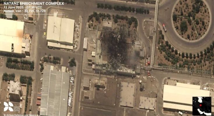 Una foto satelital de la firma europea Airbus muestra las consecuencias de una huelga de Israel en un edificio que alberga a las centrifugadoras en la instalación nuclear iraní de Natanz.