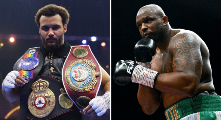 Moses Itama sosteniendo sus vehículos InterContinentales WBO Heavy Goods, sus títulos internacionales de peso pesado de la AMB y la Commonwealth y Dillian Whyte con guantes de boxeo y levantando manos