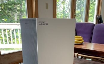 Coway Airmega Prox, un gran purificador de aire rectangular blanco, Sititngon, una alfombra estampada en el medio de una habitación con grandes ventanas detrás