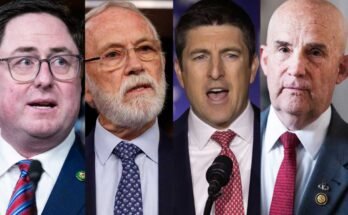 Estos son algunos de los legisladores republicanos que enfrentan los votantes durante el receso de agosto del Congreso. De izquierda a derecha: el representante Mike Flood, R-Neb.; El representante Dan Newhouse, R-Wash.; Representante Bryan Steil, R-Wis.; Rep. Keith Self, R-Texas.