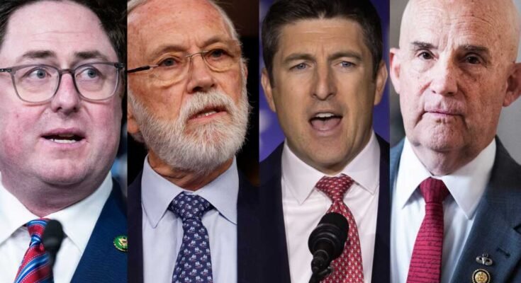 Estos son algunos de los legisladores republicanos que enfrentan los votantes durante el receso de agosto del Congreso. De izquierda a derecha: el representante Mike Flood, R-Neb.; El representante Dan Newhouse, R-Wash.; Representante Bryan Steil, R-Wis.; Rep. Keith Self, R-Texas.